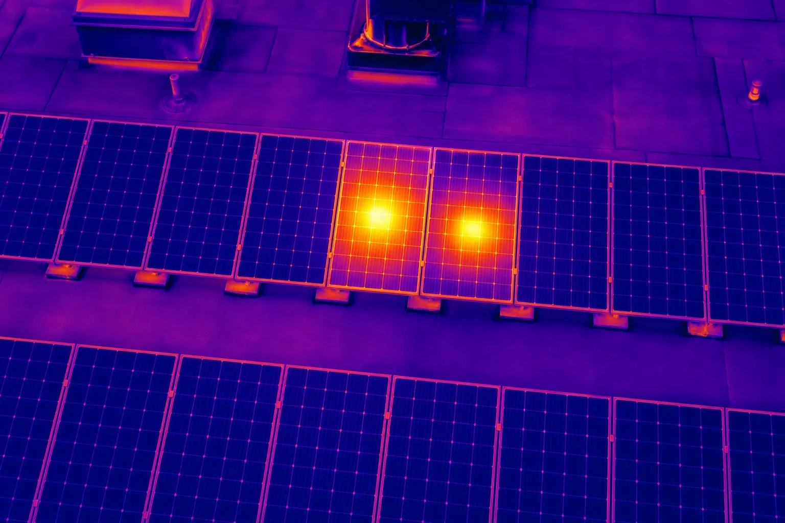 Thermografiebeeld van zonnepanelen met twee duidelijke hotspots